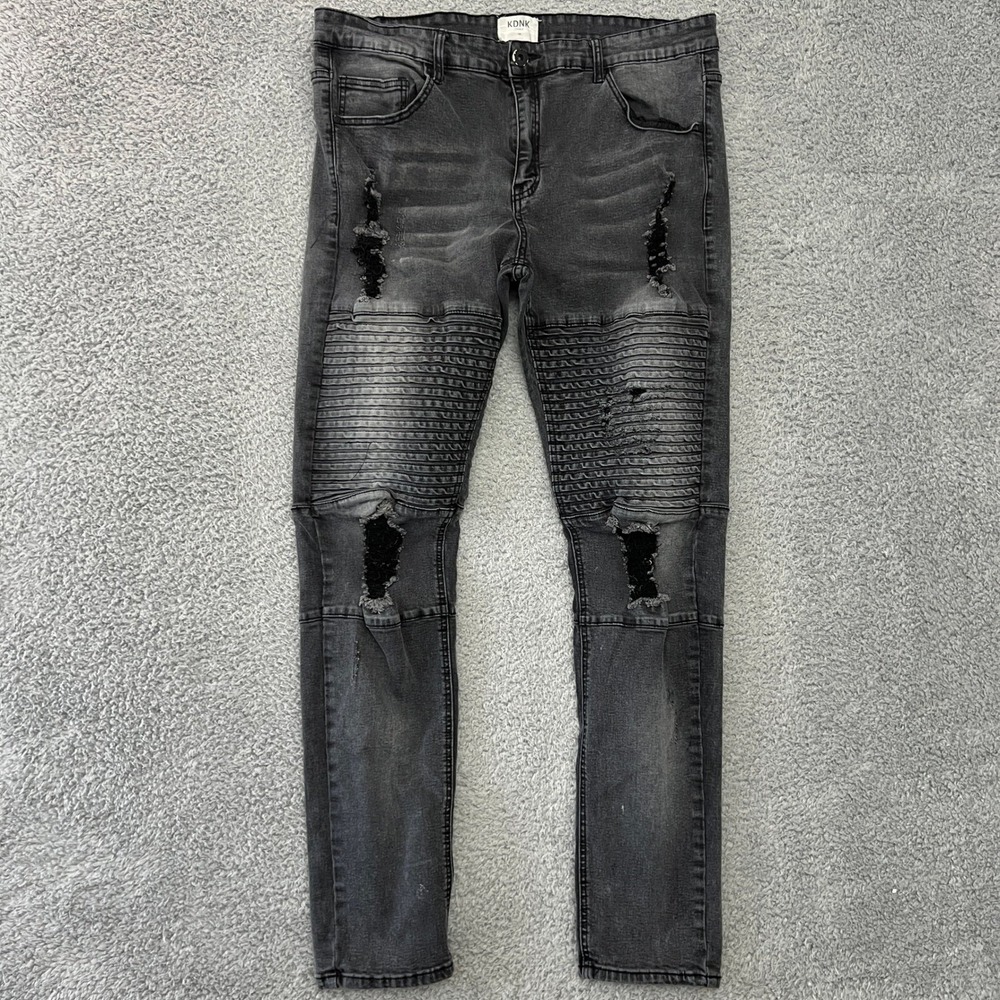 KDNK Moto Biker Jeans Mens 38 Gray Excellent Distressed Ripped Slim Fit Business